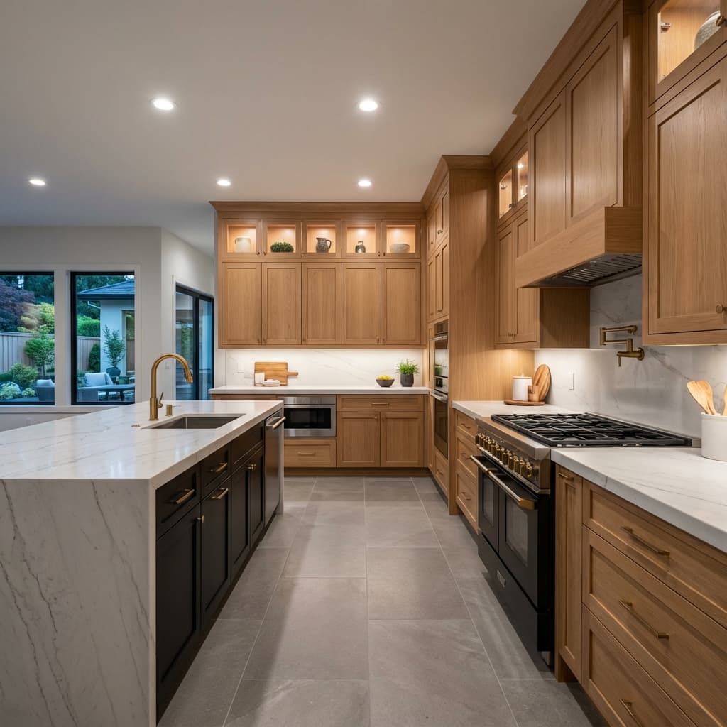 A luxury modern kitchen interior with natural oak wood cabinets in a shaker style